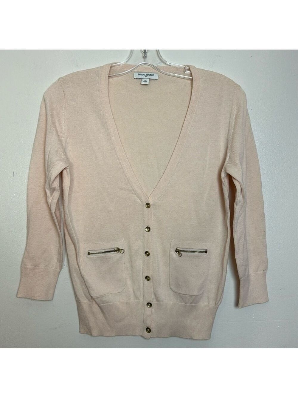 Banana Republic Blush Pink Cotton Deep V Zip Pockets Fine Knit Cardigan